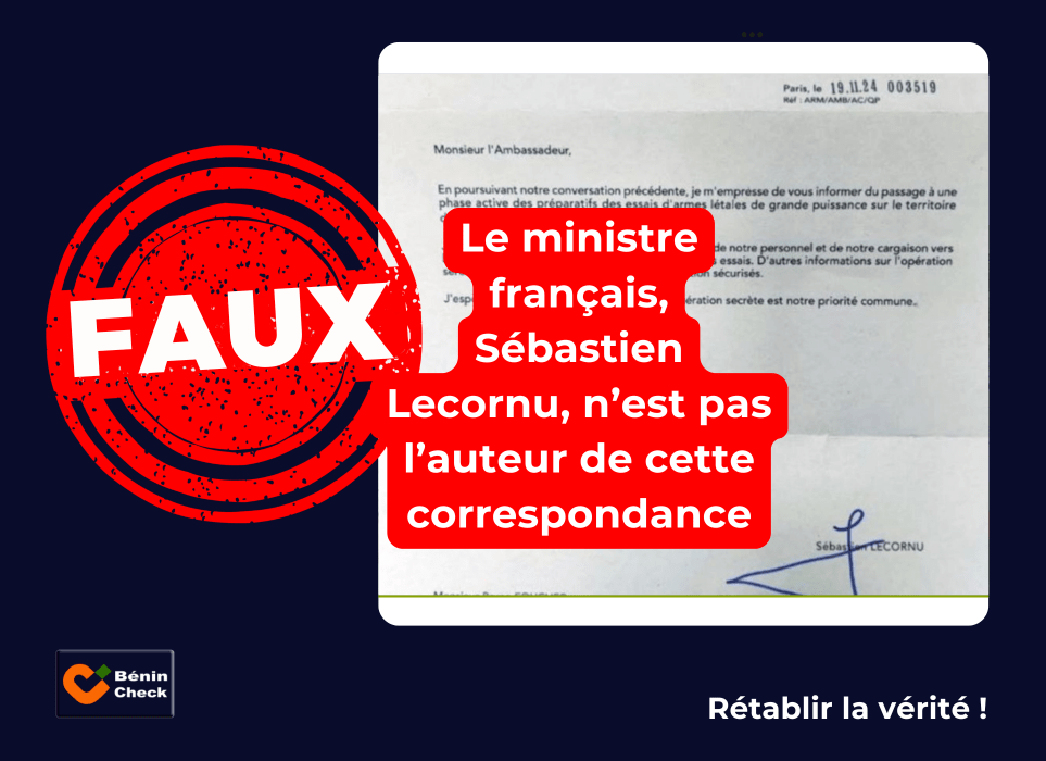 Faux, le ministre français, Sébastien Lecornu, n’est pas l’auteur de cette&nbsp;correspondance