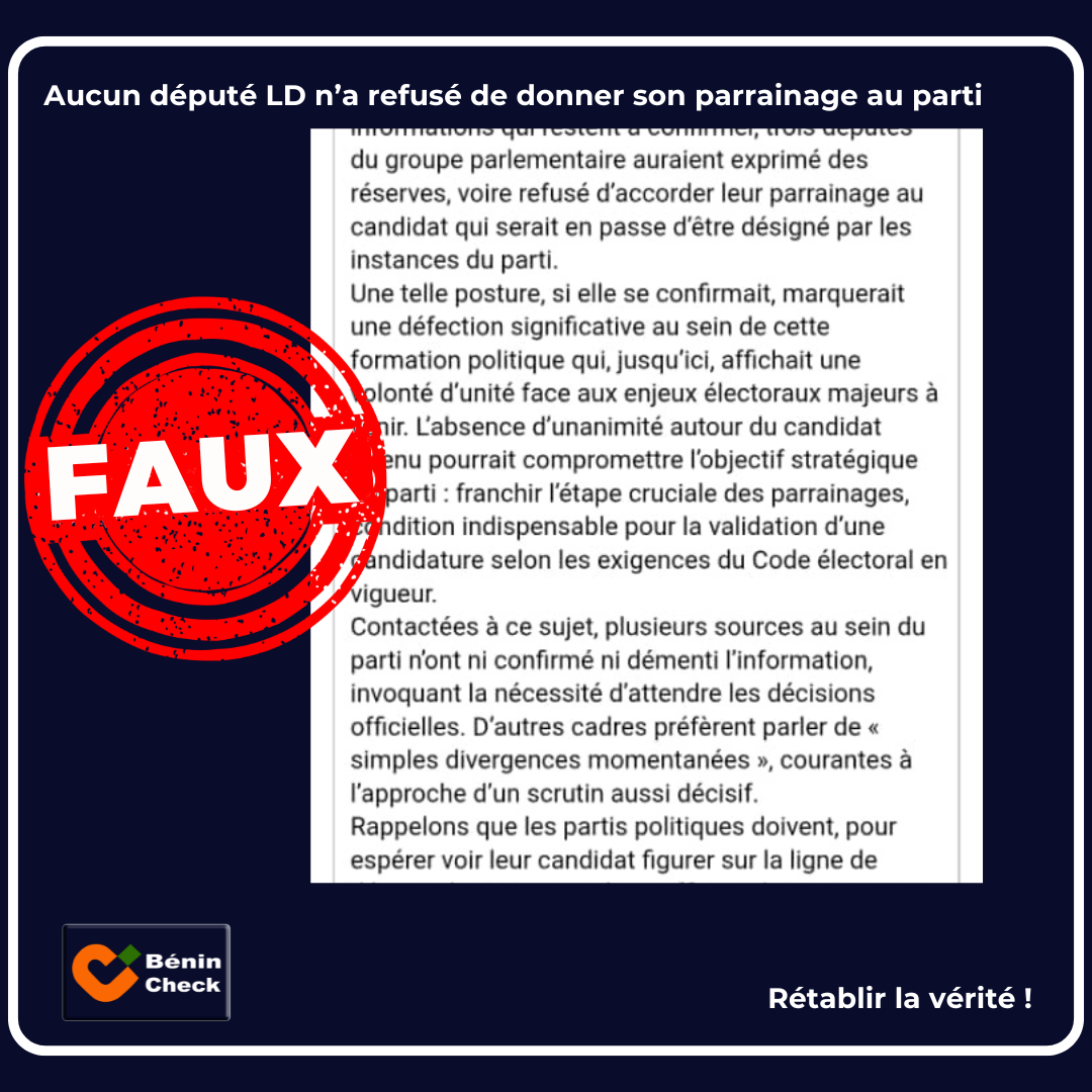 Trois députés du parti « Les Démocrates » ont-ils refusé de donner leurs parrainages ? Faux ! – Bénin Check